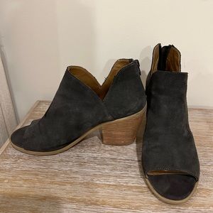 Open toed gray booties. I’m moving abroad so I’m downsizing my closet!